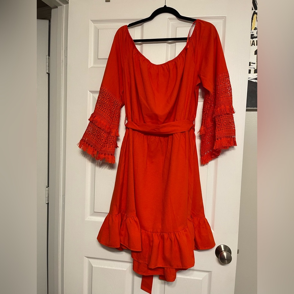 Vibrant Red Dress with Lace Sleeves